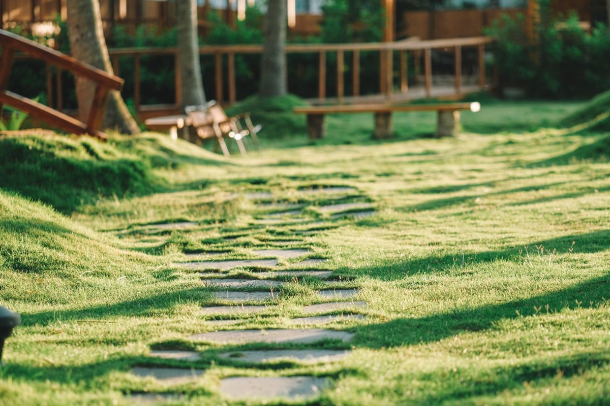 Stone stepping path set into a finished green lawn beside a timber garden fence
